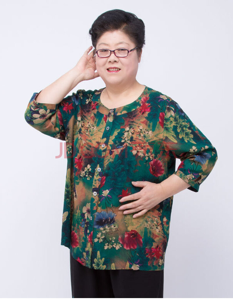 大码中老年短袖妈妈装八分袖印花衬衫上衣纽扣开衫特大号220斤 绿樱花