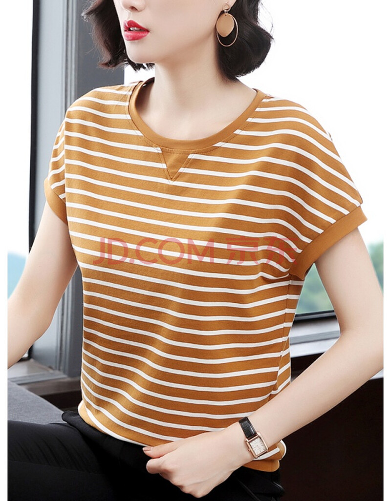 硕依美恋 短袖t恤女条纹宽松2020新款夏装韩版百搭休闲半袖上衣中年