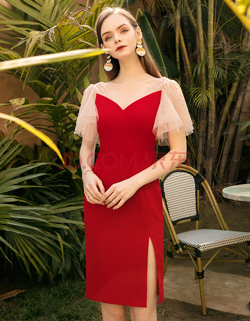 年夏季新款女法式名媛气质仙女礼服裙宴会派对显瘦红色连衣裙65671
