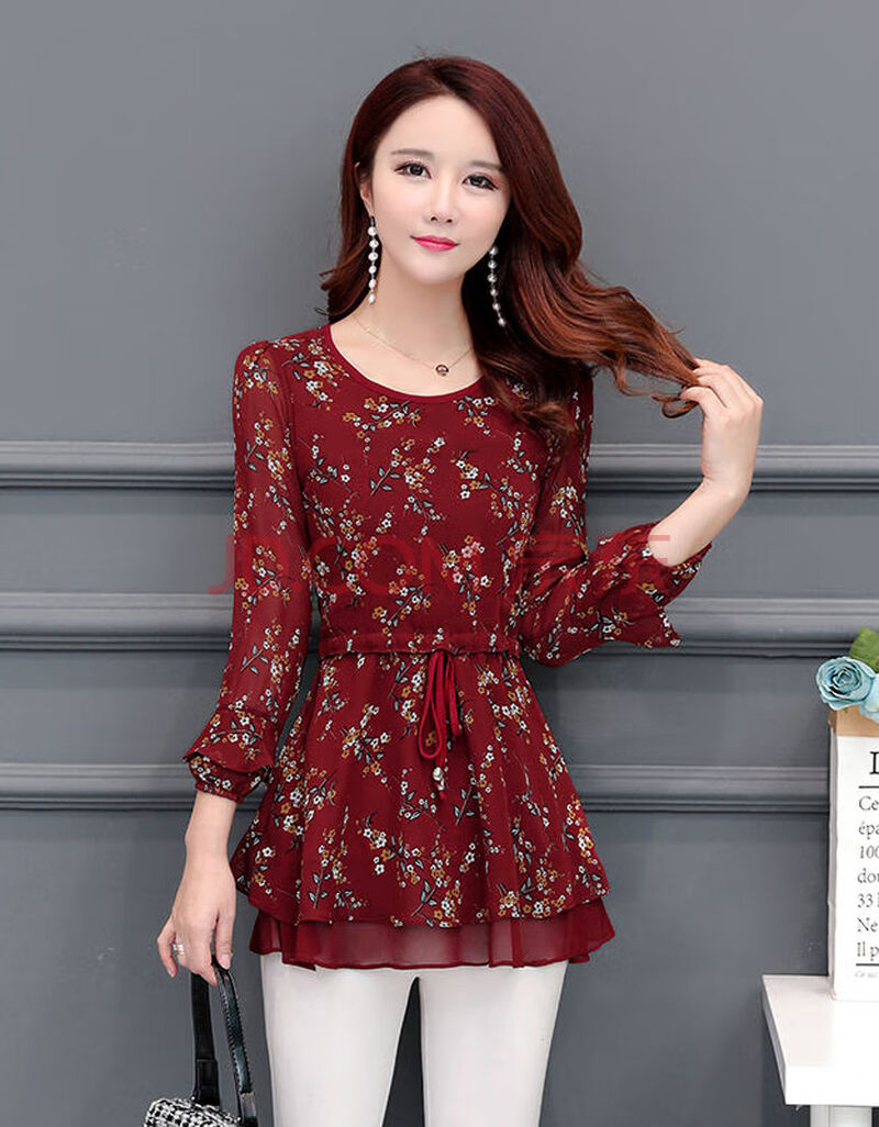 2020新款女装春装长袖雪纺衫女士洋气小衫时尚气质大码上衣打底衫 酒