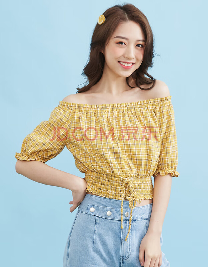 ief/爱依服雪纺衫女短款2020夏季新款韩版时尚格子一字领露肩上衣1218