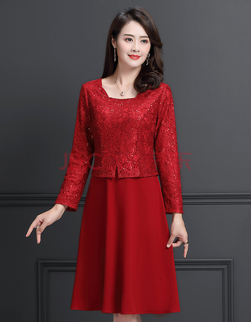 红色连衣裙女气质春季2020新款流行高贵收腰显瘦裙子婚礼妈妈装春秋款