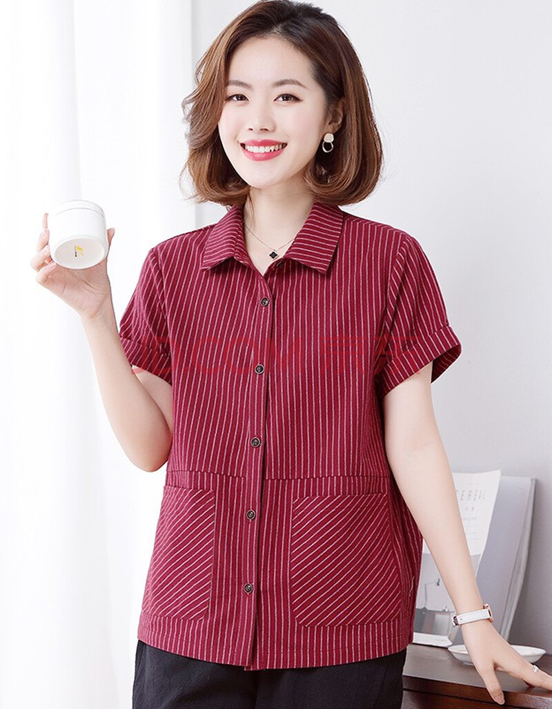 春夏季上衣新款个性时尚胖妈妈装夏装洋气女士条纹衬衫40岁气质女装