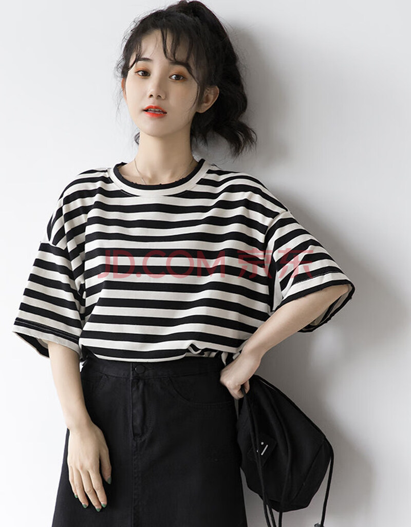 女装官方同款2020夏季新款港风黑白条纹短袖t恤女学生韩版宽松bf半袖