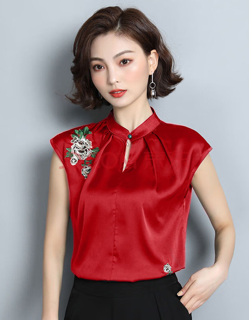 真丝衣服女2019新品夏天盘扣香云纱上衣高端定制女装时尚轻奢t恤 红色