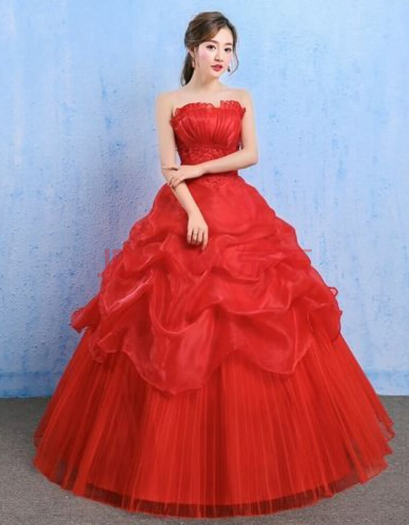 婚纱2020新款新娘结婚婚纱礼服简约齐地抹胸红色蓬蓬裙 红色 3xl