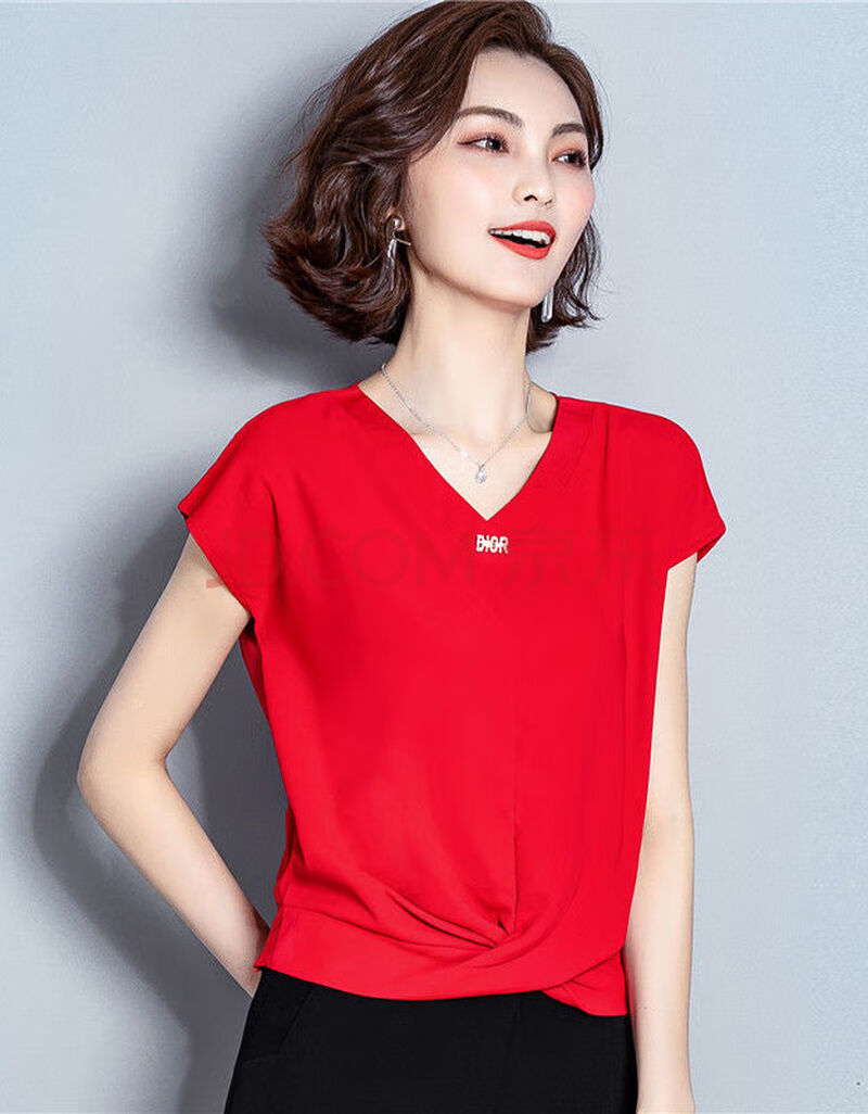 短袖雪纺上衣夏季新款宽松v领雪纺衫大码时尚气质女装 红色 s