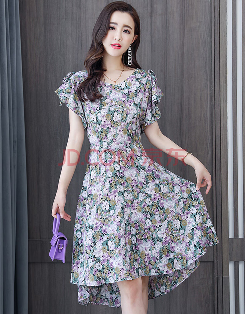淑女名媛碎花花短袖雪纺连衣裙优雅高贵收腰显瘦大摆a字裙2020夏季