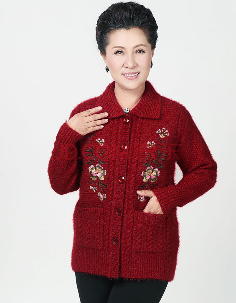 中年女士妈妈毛线衣开衫上衣中老年人毛衣外套秋冬加绒加厚针织衫 酒