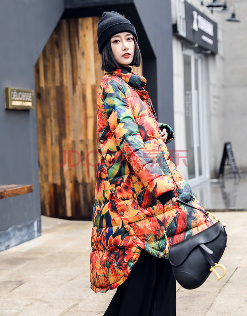 高端轻奢轻薄民族风花色羽绒服女中长款大码气质显瘦亮面白鸭绒外套