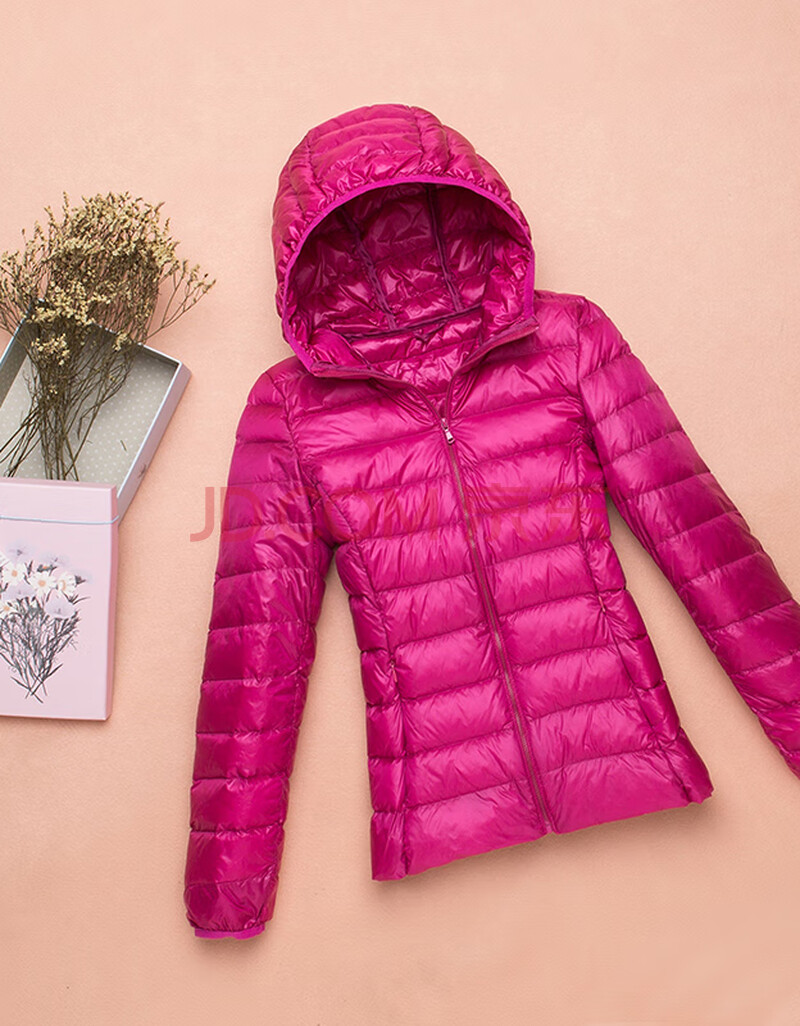 羽绒服女同款轻薄款超薄女韩版外套秋冬大码女装带连帽 玫红色 xl