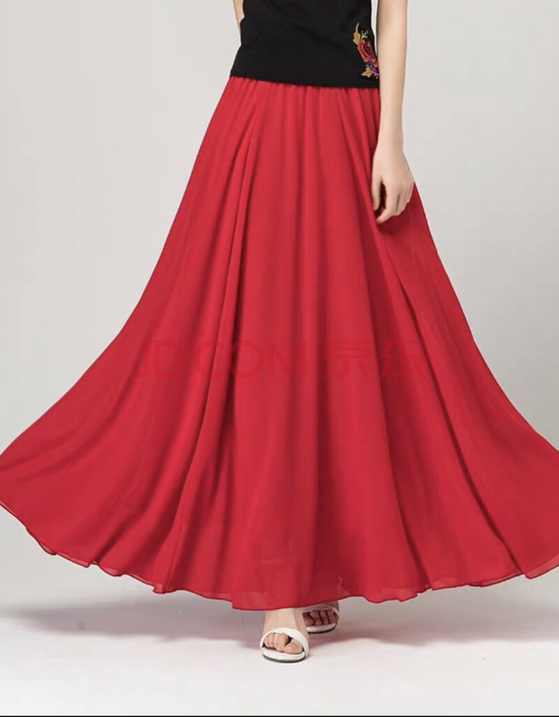 新款雪纺半身裙大码女裙长裙高腰长款大摆裙跳舞裙广场舞裙子 大红色