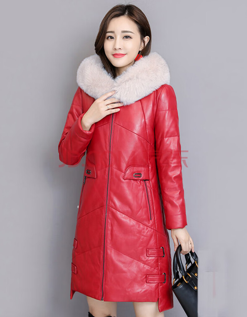 中长款真皮皮衣羽绒服女冬季加厚连帽狐狸毛领羊皮皮草外套 红色 160