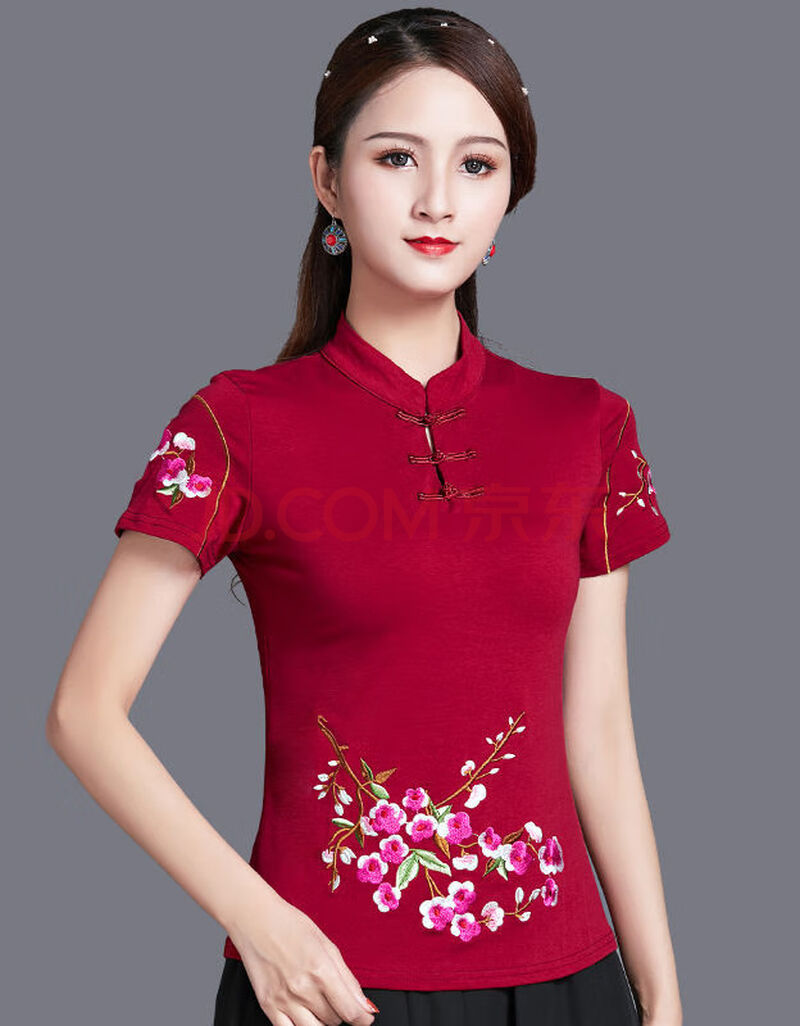 中国风上衣夏季 民族风女装立领盘扣修身短袖t恤女绣花大码打底衫 酒