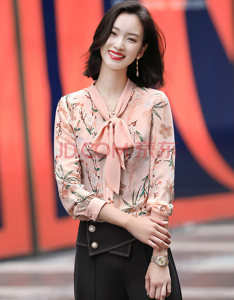 特洛曼雪纺花衬衫女长袖气质蝴蝶结新款2020秋装洋气上衣大码显瘦复古