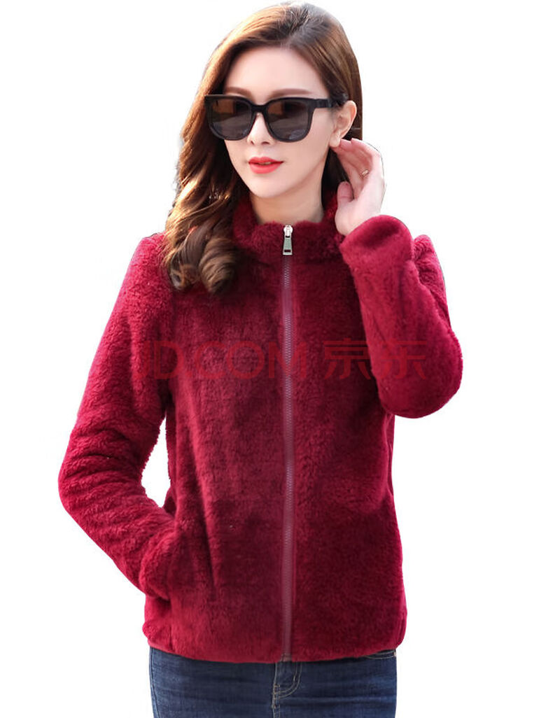 秋冬大码女上衣摇粒绒长袖外套加绒加厚珊瑚绒保暖立领卫衣抓绒衣 酒
