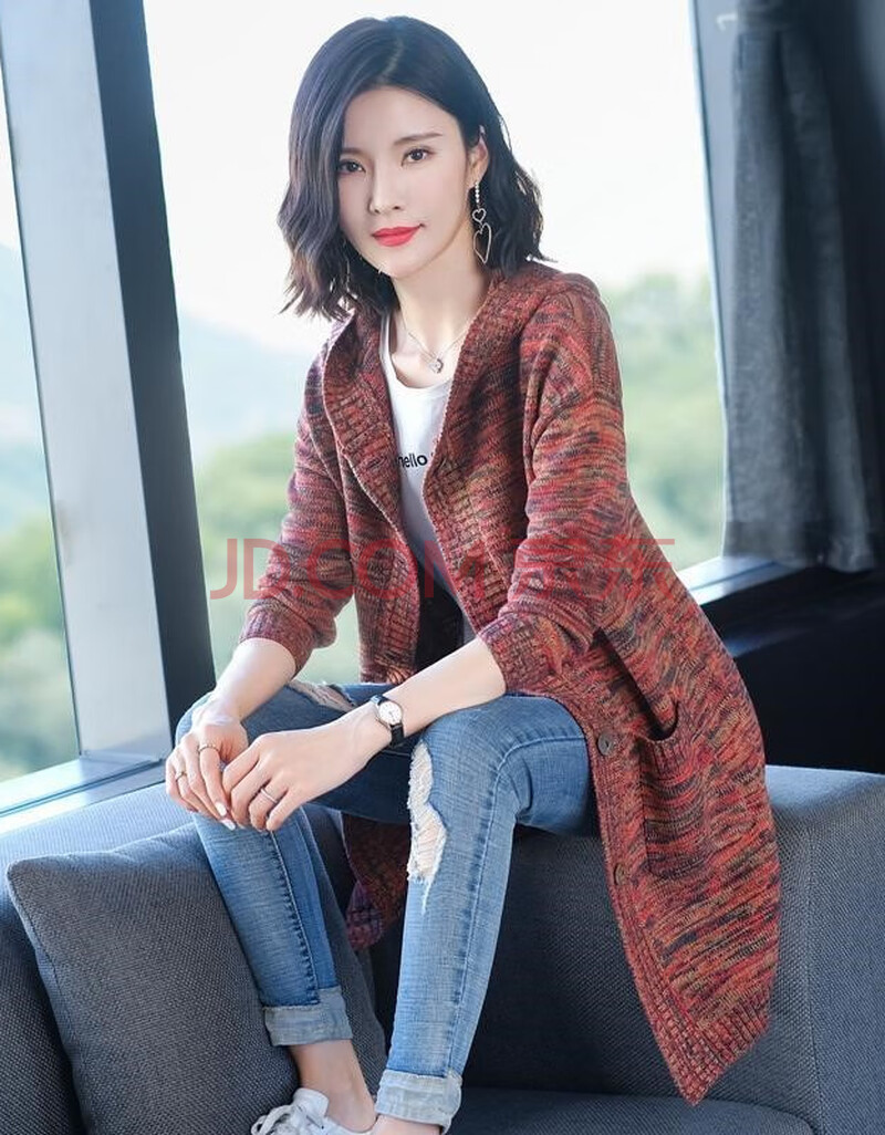 毛衣外套女中长款粗线针织开衫时尚连帽春秋2021年新款今年流行女装外