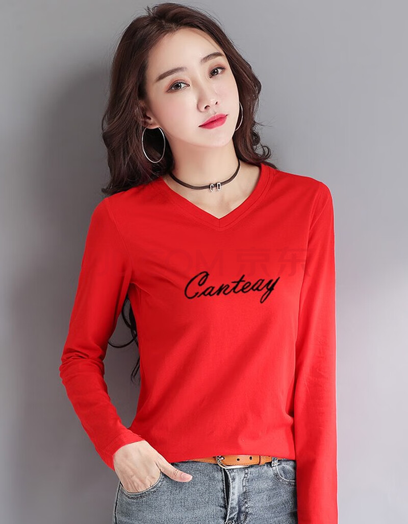 炫美印记 2020秋冬装新款时尚女装印花v领长袖t恤女韩版95%棉打底衫