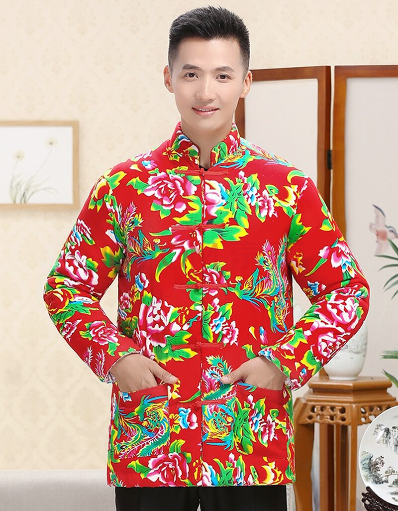 2020冬季东北大花布棉袄男成人棉花手工棉衣加厚保暖民族风外套 红色