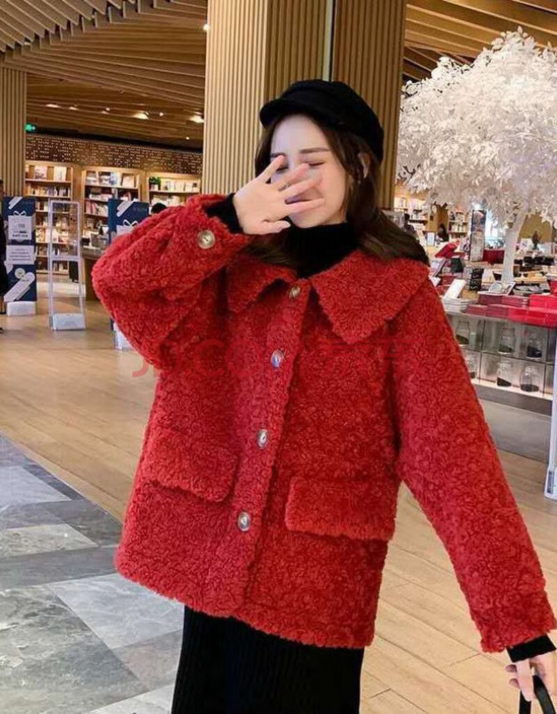 秋冬新款羊羔毛绒外套女短款大翻领小个子颗粒绒加厚皮毛一体 红色 s
