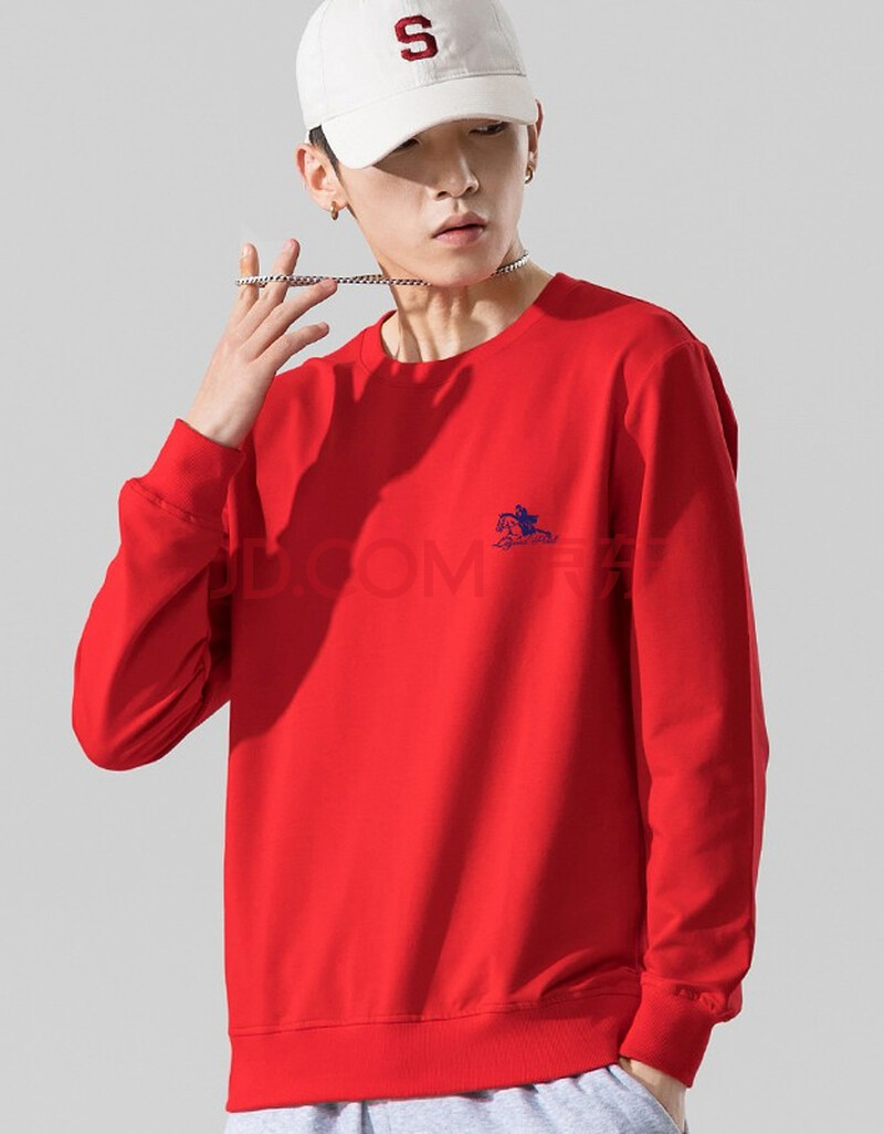 男秋季长袖t恤圆领套头衣服男生时尚潮流帅气外套休闲打底衫 红色 l