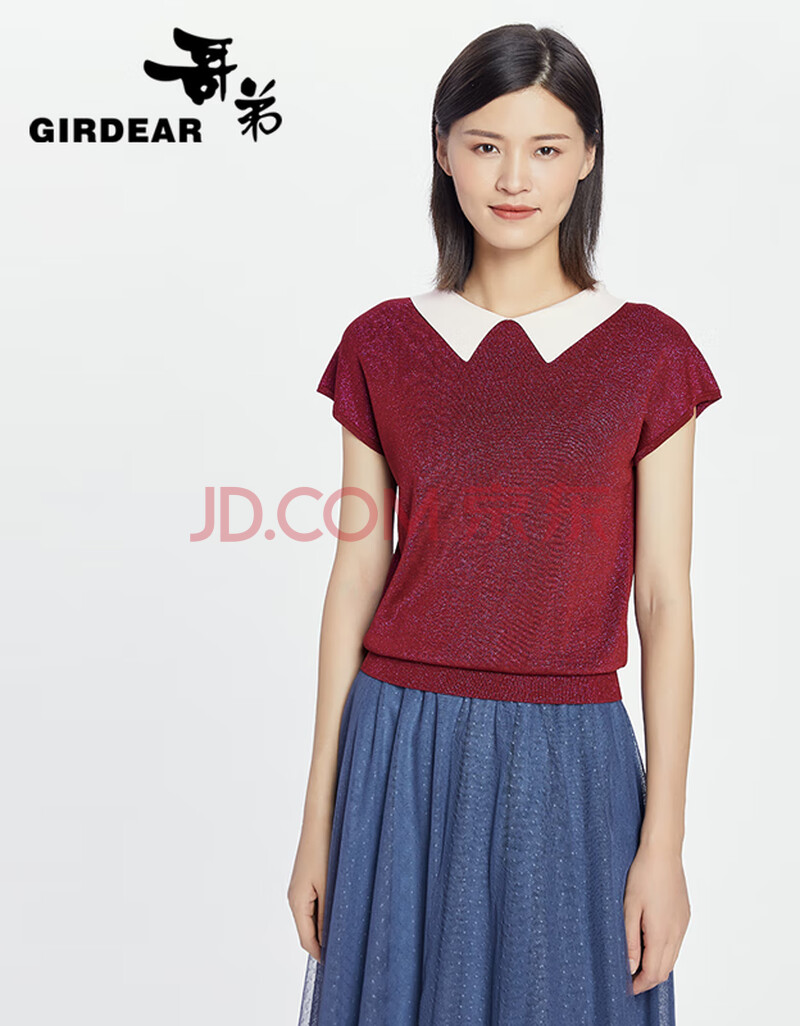 哥弟女装2020夏季新款翻领短袖正反两穿收腰葱纱针织衫女t恤a300738