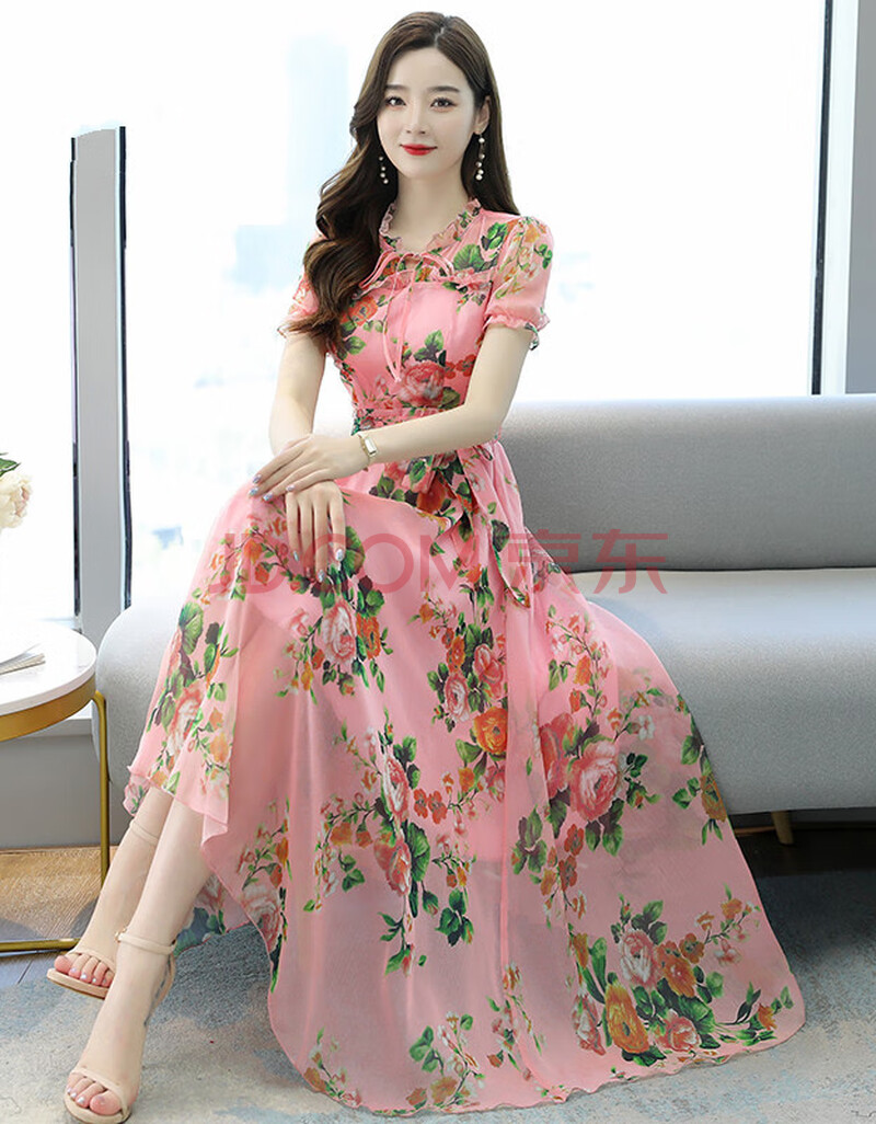 纤末2021夏季新款时尚短袖印花雪纺连衣裙小碎花大码女装收腰显瘦妈妈
