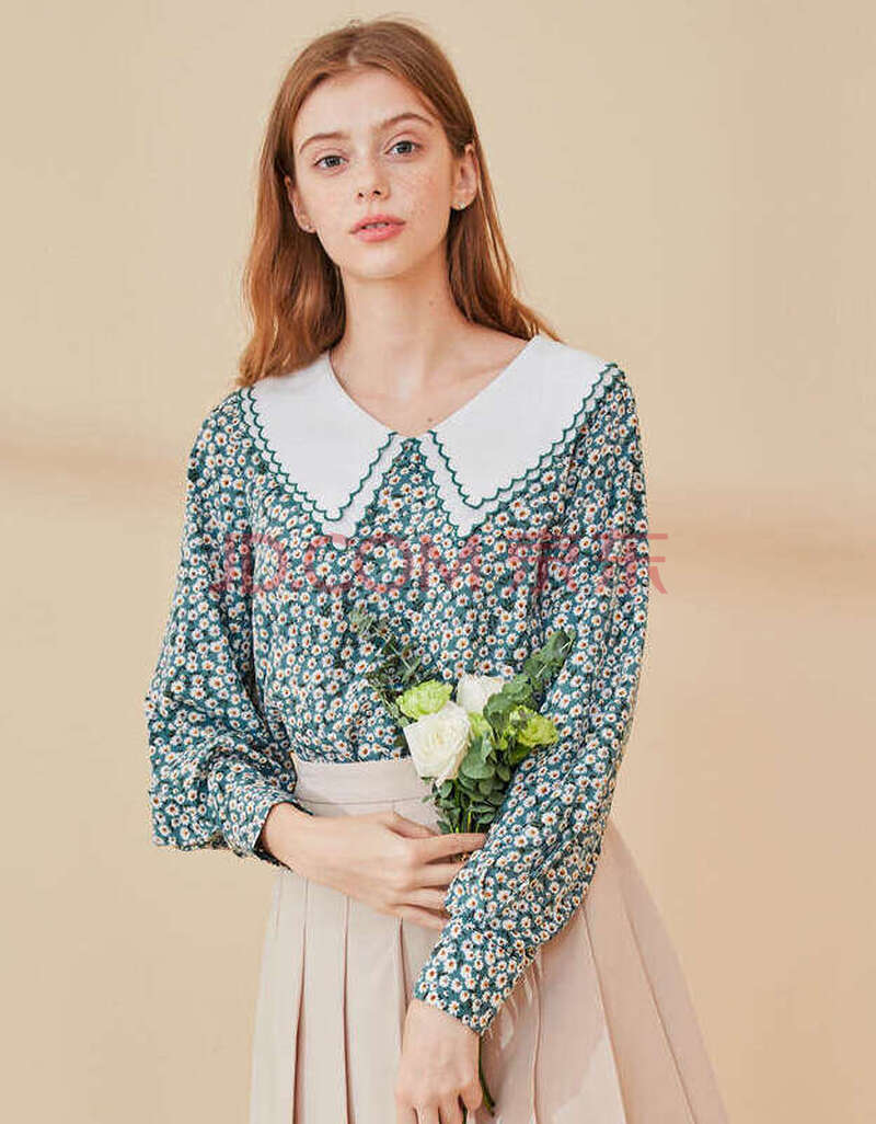 eland衣恋官方集团依恋2021新款法式娃娃领碎花衬衫女上衣 绿色(40)