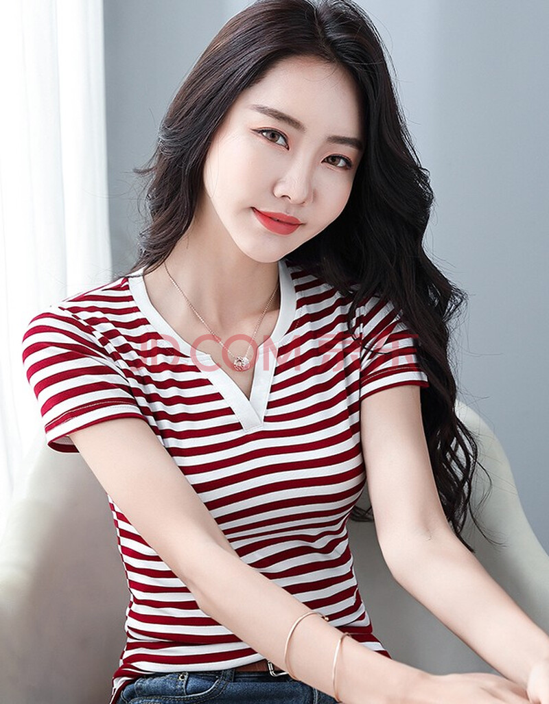 牧棉童 v字领短袖t恤女韩版时尚条纹女士汗衫夏季鸡心领显瘦身百搭
