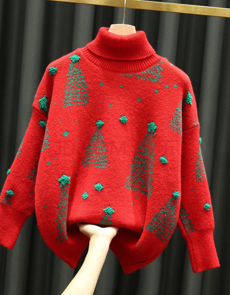 圣诞节衣服红色高领毛衣女2020年秋冬复古慵懒风宽松洋气套头上衣针织