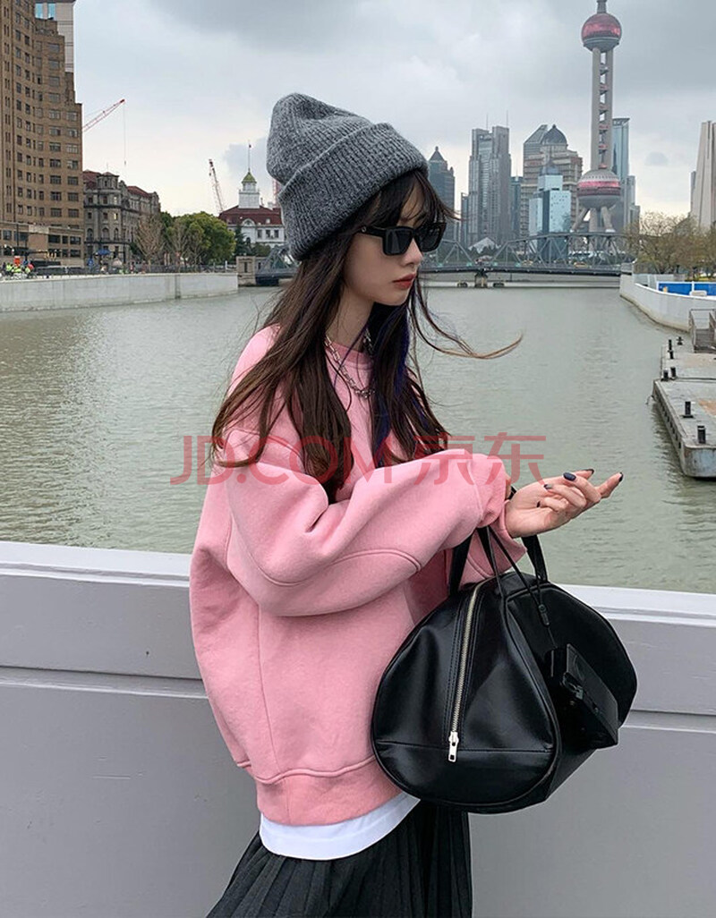 糖果色加绒加厚卫衣2020冬季新款学生炸街日系无帽圆领上衣女 粉色