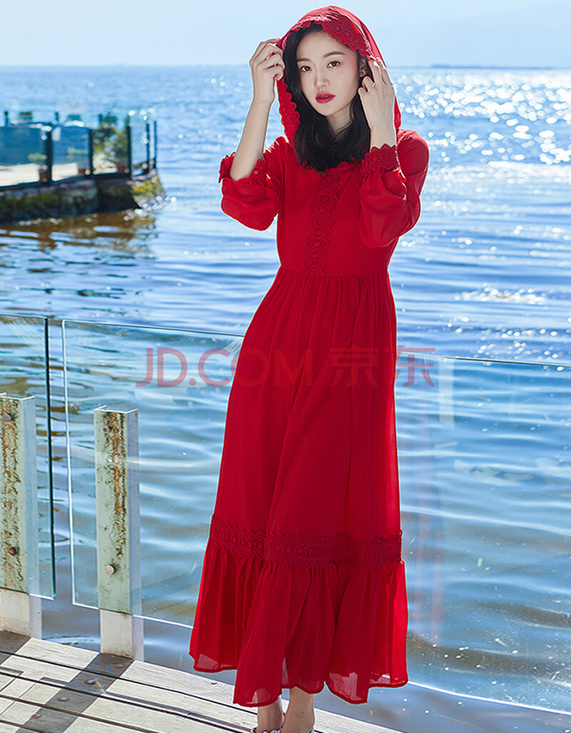 连衣裙2021年春装新款旅游度假裙子复古沙漠长裙三亚沙滩裙女 红色 l