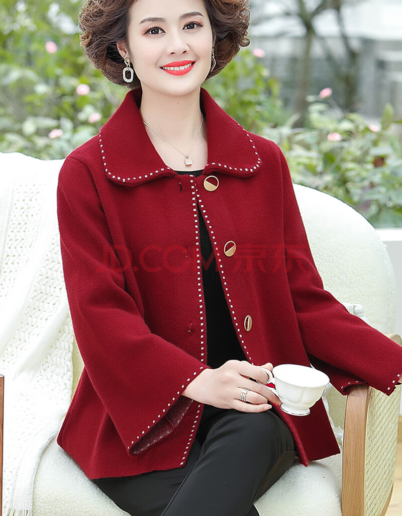 妈妈春装短款针织小外套时尚洋气40-50岁衣服中老年女红色上衣 红色