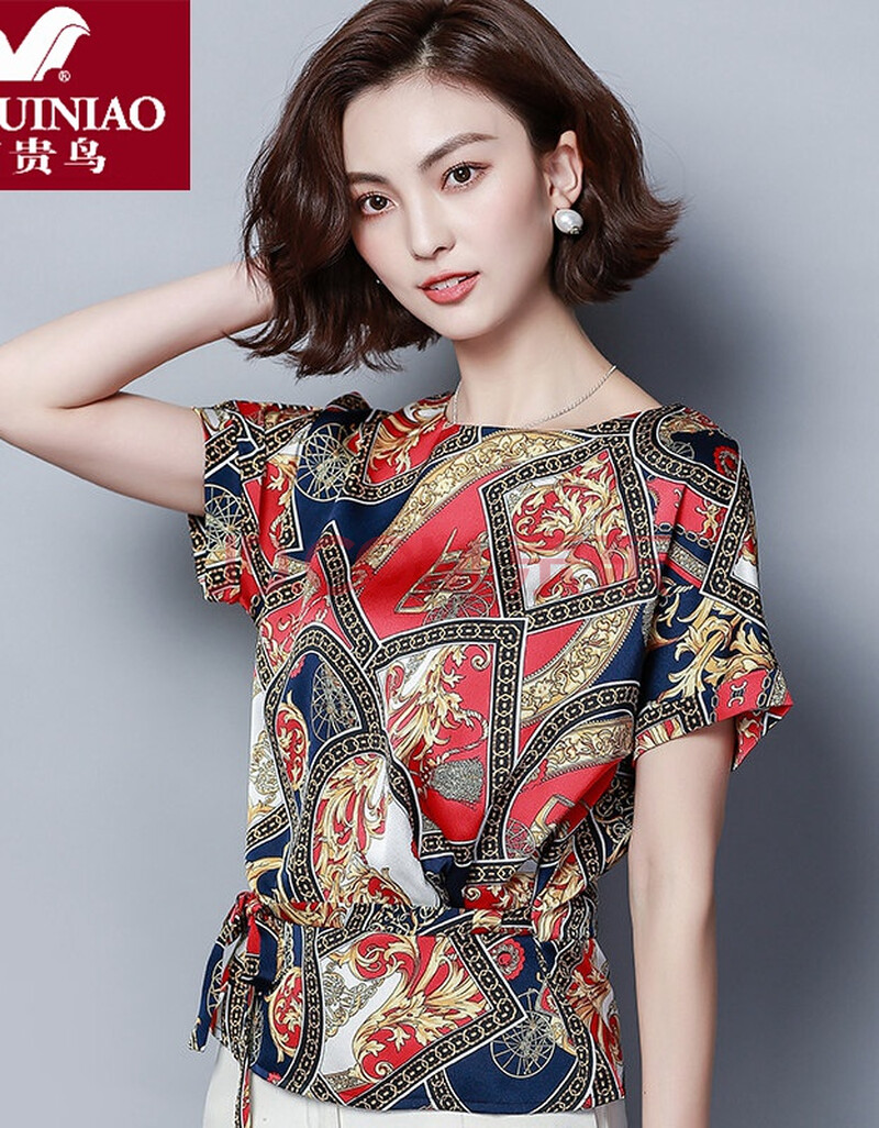 富贵鸟品牌妈妈真丝上衣女夏装新款宽松洋气大码桑蚕丝短袖小衫印花