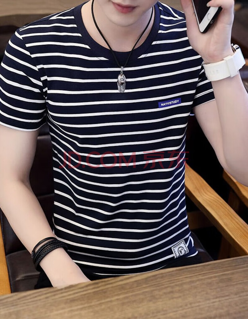 短袖t恤男棉夏季圆领上衣男士修身条纹体恤衫男潮流透气半截袖t血夏天
