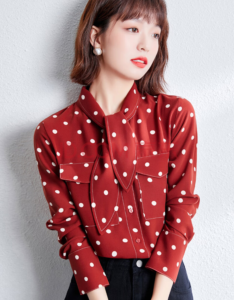 锐莲春款长袖2021新款宽松波点设计感小众雪纺衫女衬衫 红色 xxl