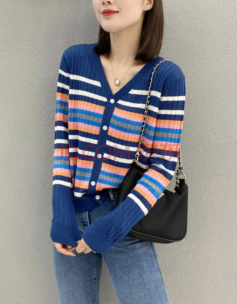 针织开衫女彩色条纹毛针织v领开衫春季新款百搭外穿修身打底女毛衣潮