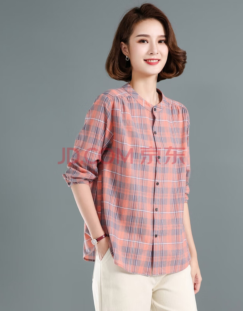 女装 衬衫 蜜丹丽 女士夏季小立领衬衫格子女长袖宽松中年妈妈无领