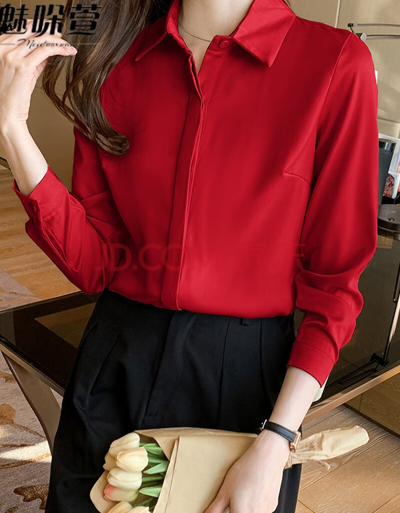 时尚小个子春新款长袖职业衬衫女抗皱有质感缎面衬衣雪纺上衣 红色 s