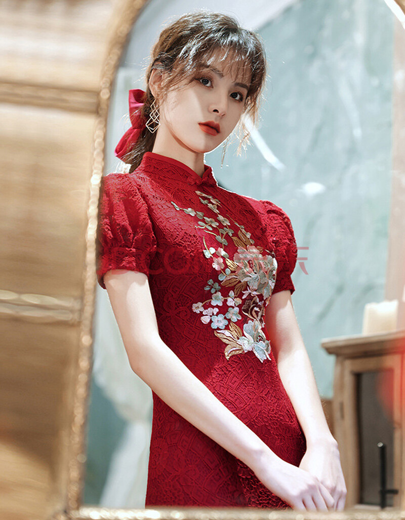 2021新款中式敬酒服旗袍敬酒服新娘女夏季蕾丝酒红色鱼尾订婚连衣裙