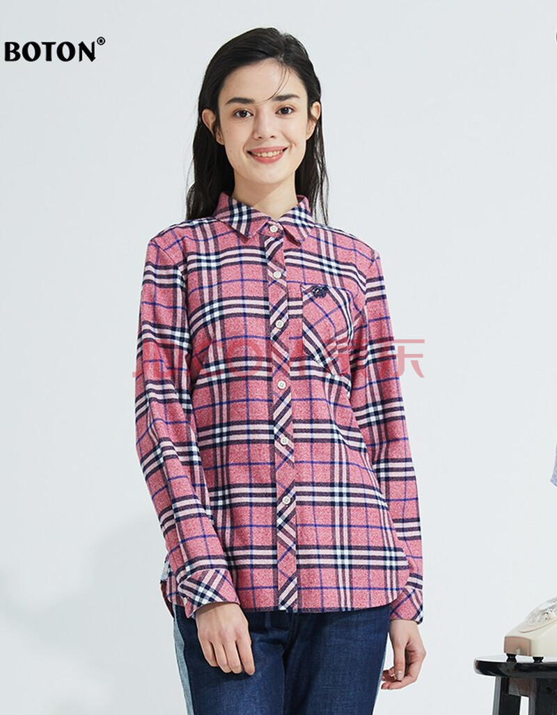 boton/波顿格子衬衫女春季新款拼色长袖衬衣经典百搭纯棉外穿上衣