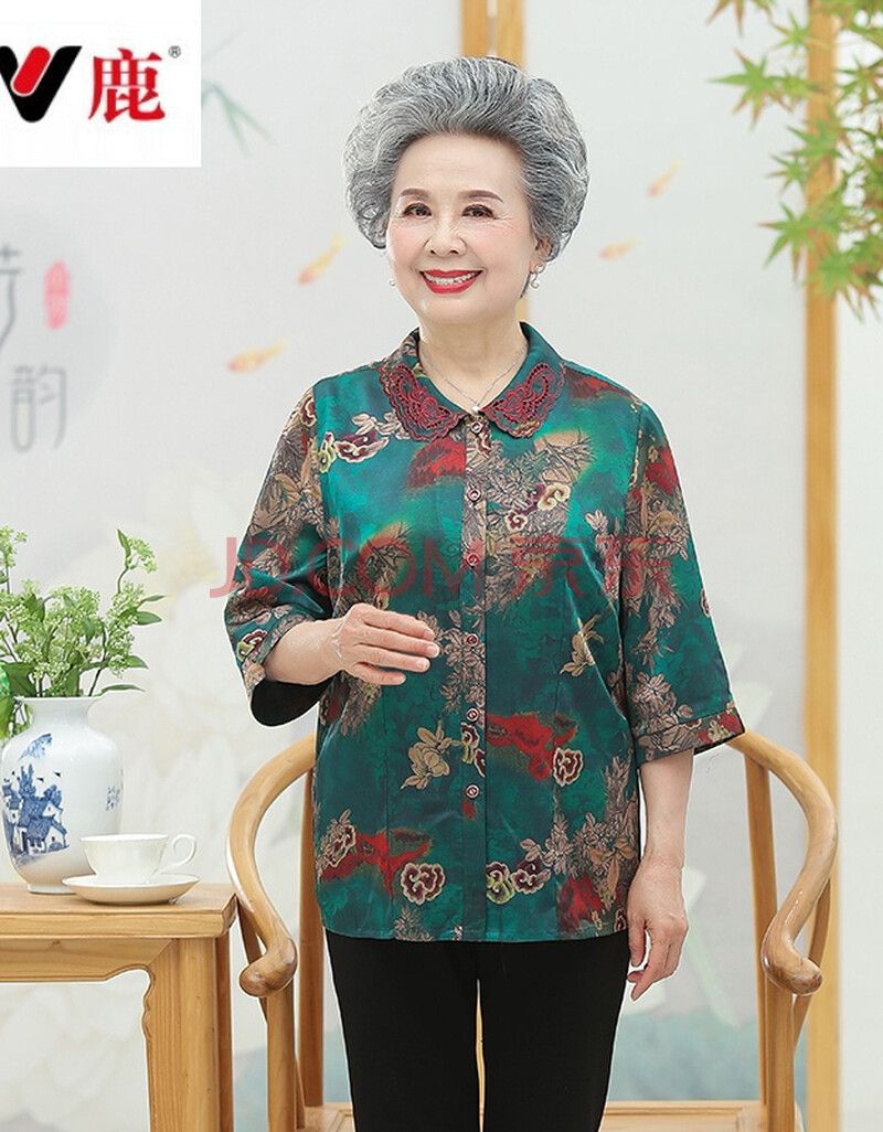 雅鹿高档新品60岁中老年人春装桑衬衫老人妈妈春夏长袖
