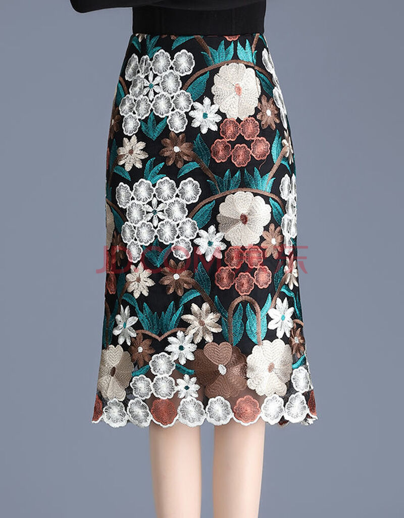 新品】绣花蕾丝半身裙包臀裙一步裙中长款2021春夏民族风显瘦花裙子
