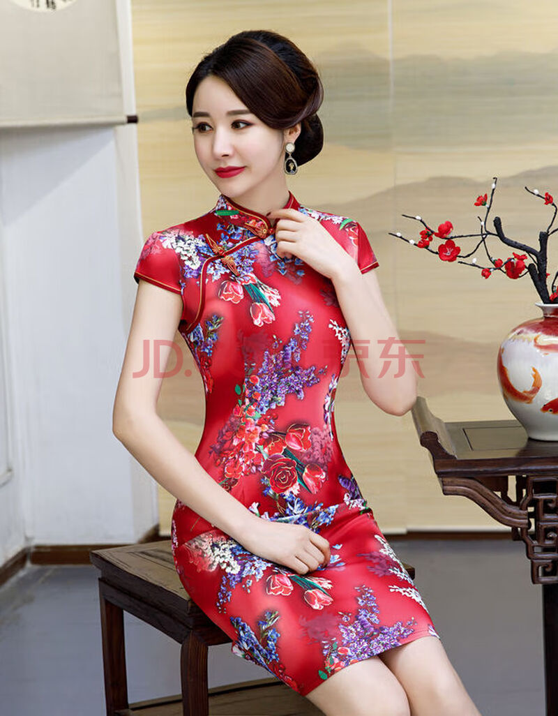 茵琳菲旗袍2021夏日常改良旗袍女复古时尚旗袍裙修身遮肉显瘦性感短款