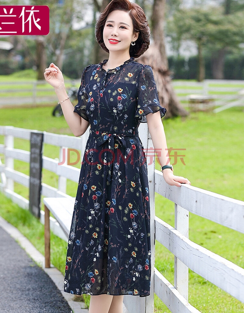 夕兰依 妈妈连衣裙中长款母亲节春夏季高贵中老年女装夏装雪纺裙子