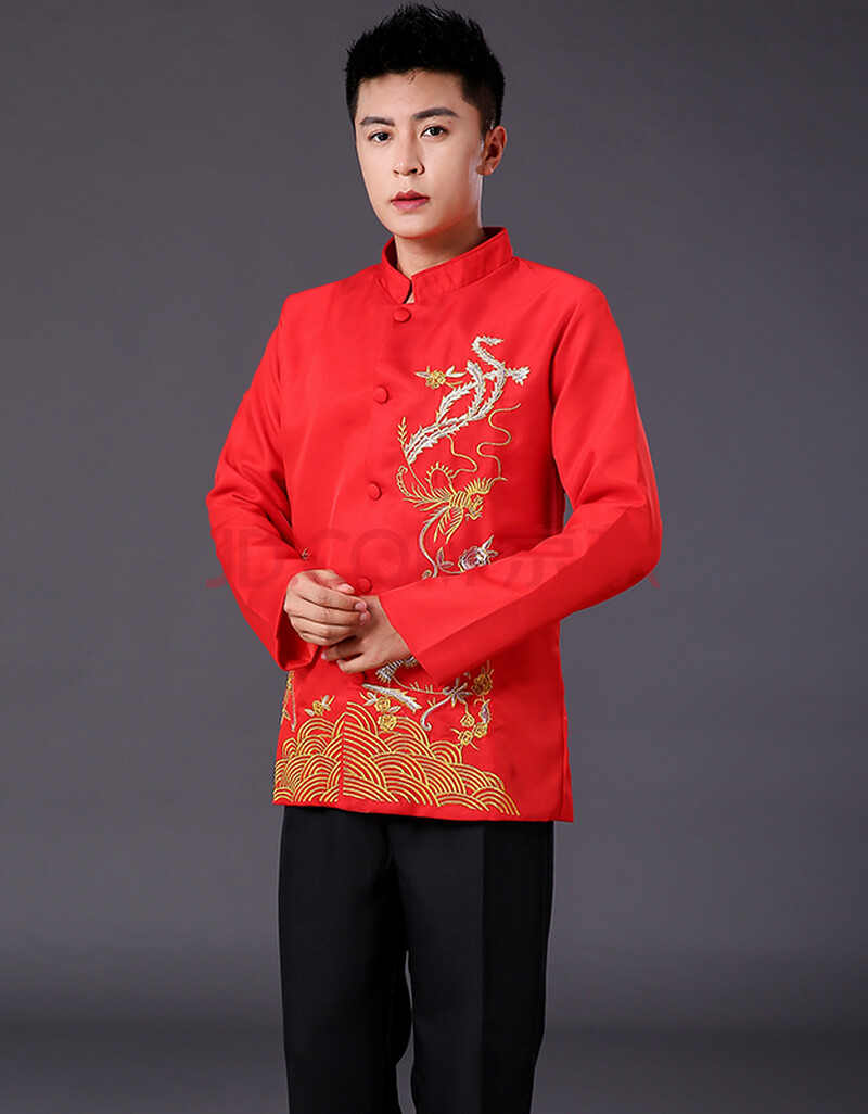 大合唱演出服成人男装刺绣中山装二胡民乐演奏服主持人表演服 红色男