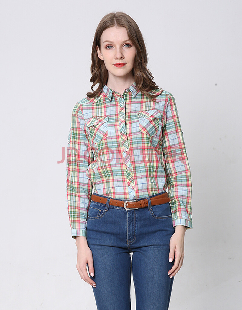 威鹏春秋纯棉衬衫女长袖百搭拼色格子方领休闲舒适衬衫女装h41020 草