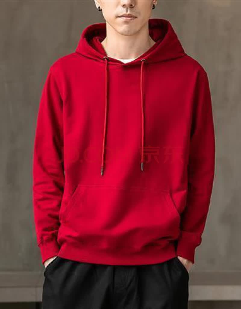 卫衣男连帽纯棉纯色春秋季休闲套头帽衫男学生外套 大红色(春秋款)