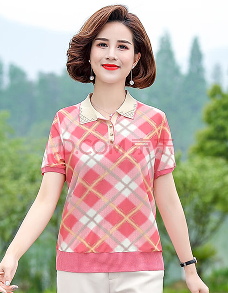 中老年女夏装妈妈大码翻领短袖冰丝t恤中年妇女小衫40-50岁上衣薄