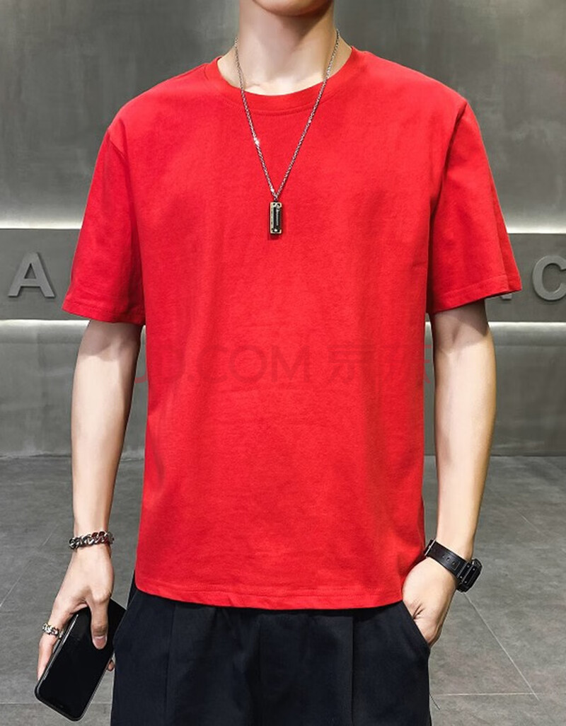 男士纯棉短袖t恤衫夏季新款时尚休闲纯色圆领打底衫 纯棉t恤jc001红色
